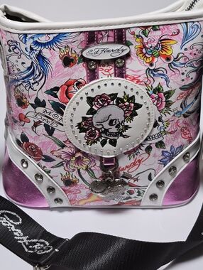 Ed Hardy Skull Rose Crossbody Bag Pink White NWT